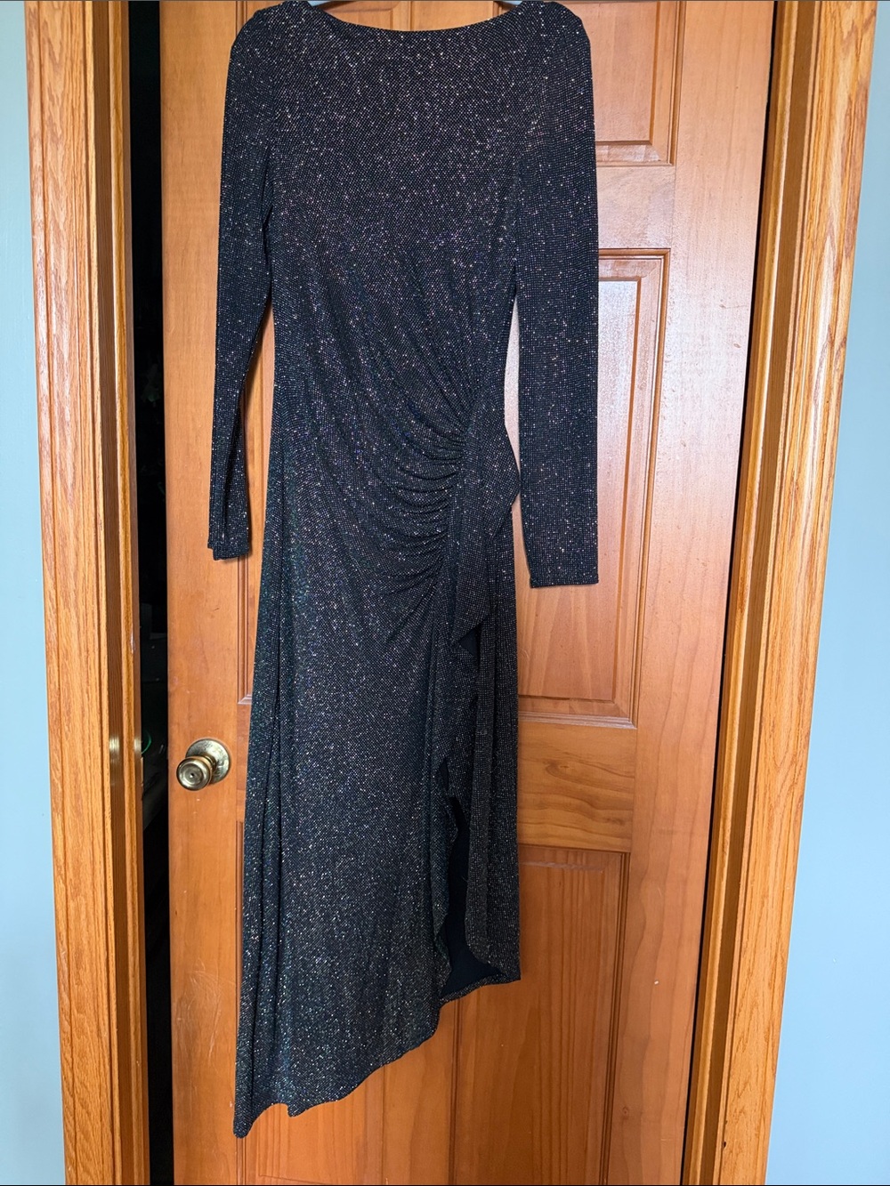 Sparkle Black Long-Sleeve Ruched Asymmetrical Maxi Dress
